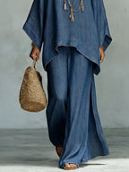 Dames tweedelig set van denim, top met vleermuismouwen, asymmetrisch, wijde vloeiende broek, casual chic, dagelijks, vakantie – Denimara