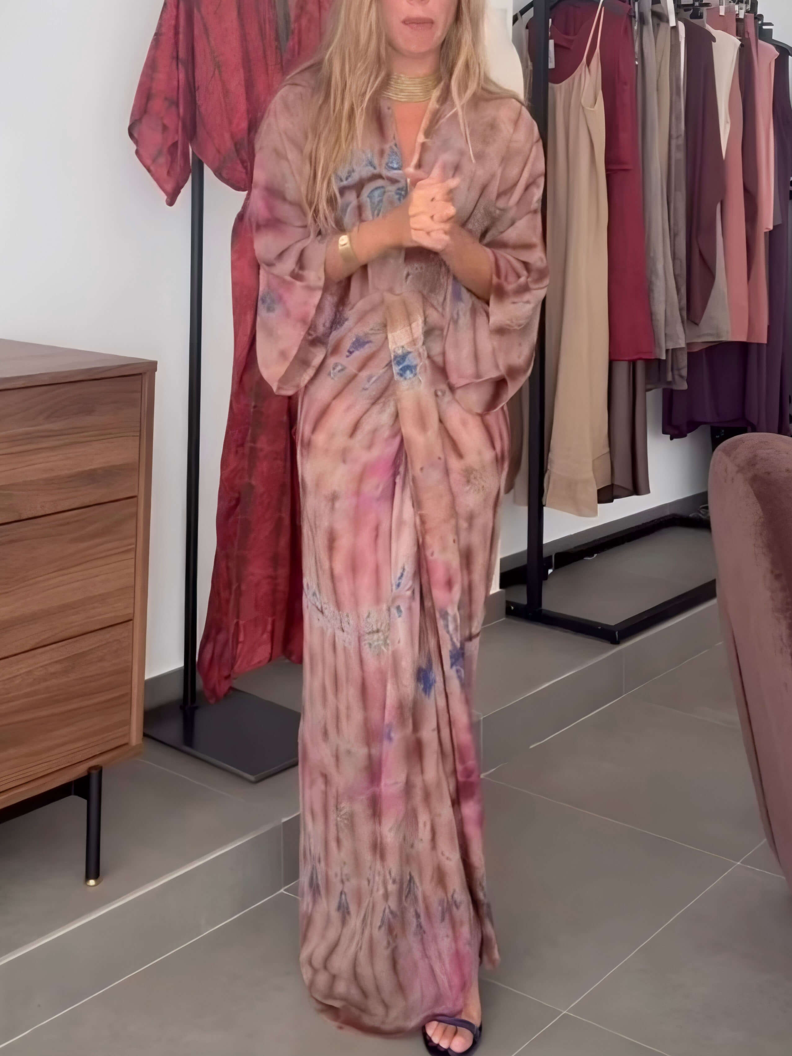 Robe Longue Femme Style Kimono Bohème Portefeuille Tie-Dye Ceinturée Fluide Vacances Garden Summer Casual Chic – Kimonara