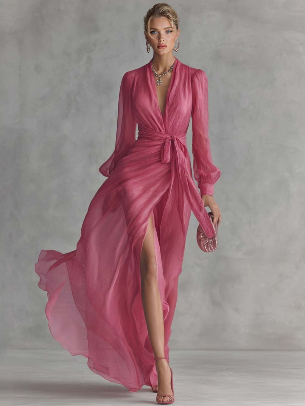 Maxikleid Damen Chiffon V-Ausschnitt Tailliert mit Perlenverzierung Rosa Fuchsia Formell Hochzeit Sommer Gala Cocktail Zeremonie – Perliane