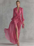 Maxikleid Damen Chiffon V-Ausschnitt Tailliert mit Perlenverzierung Rosa Fuchsia Formell Hochzeit Sommer Gala Cocktail Zeremonie – Perliane