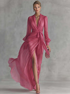 Maxikleid Damen Chiffon V-Ausschnitt Tailliert mit Perlenverzierung Rosa Fuchsia Formell Hochzeit Sommer Gala Cocktail Zeremonie – Perliane