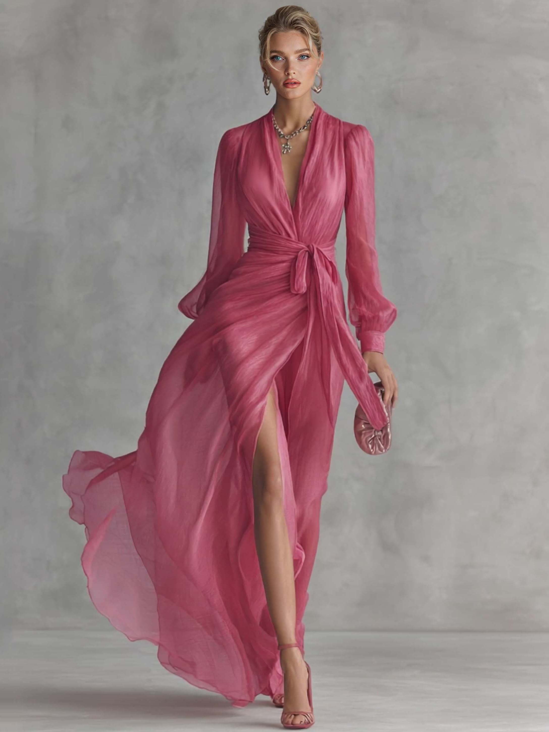 Vestido Maxi Mujer Chifón Cuello en V Cintura Atada Perlas Decorativas Rosa Fucsia Formal Boda Verano Gala Cóctel Ceremonia – Perliane
