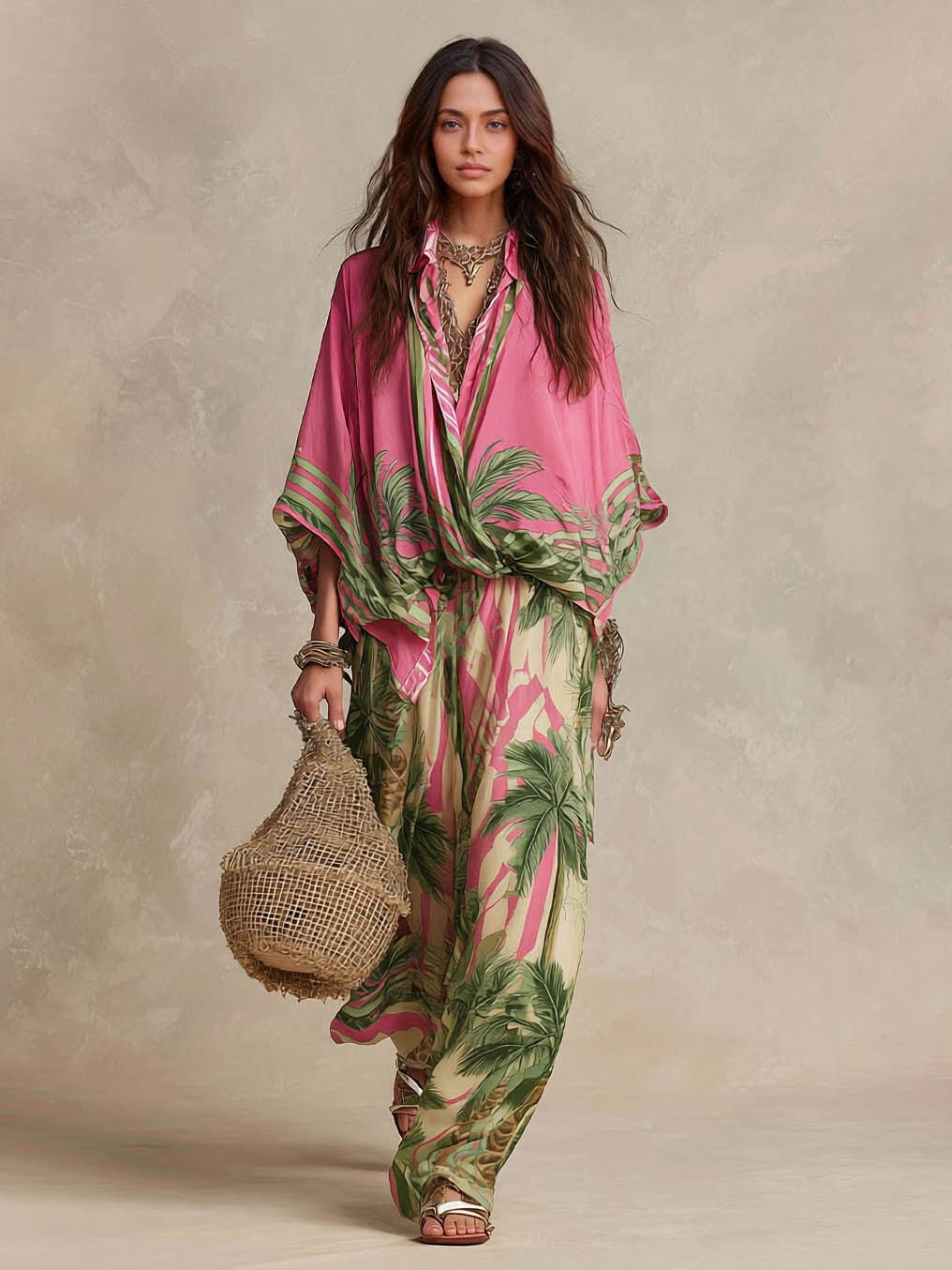 Camisa Mujer Holgada Mangas Murciélago Estampado Tropical Bohemio Fluido Playa Vacaciones Casual Chic Verano – Tropicana
