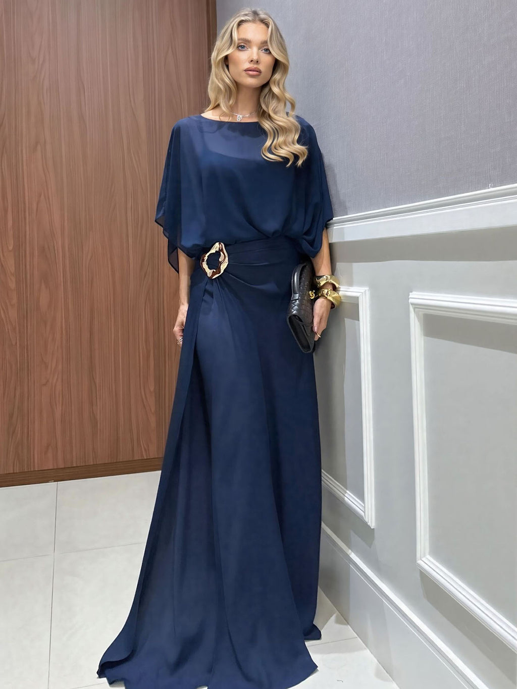 Completo Due Pezzi Donna Top in Chiffon Mantella Trasparente Pantaloni Fluidi Vita Alta Serata Matrimonio Gala Cocktail Elegante – Capeline