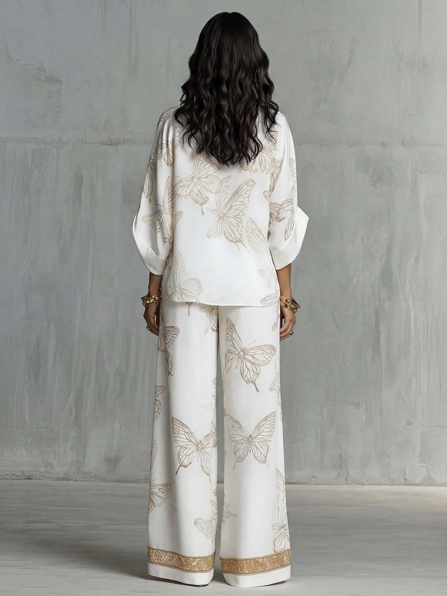 Pantaloni Donna Gamba Larga Fluidi Stampa Farfalle Eleganti Casual Chic Vacanze Lavoro Serata Informale – Papillona