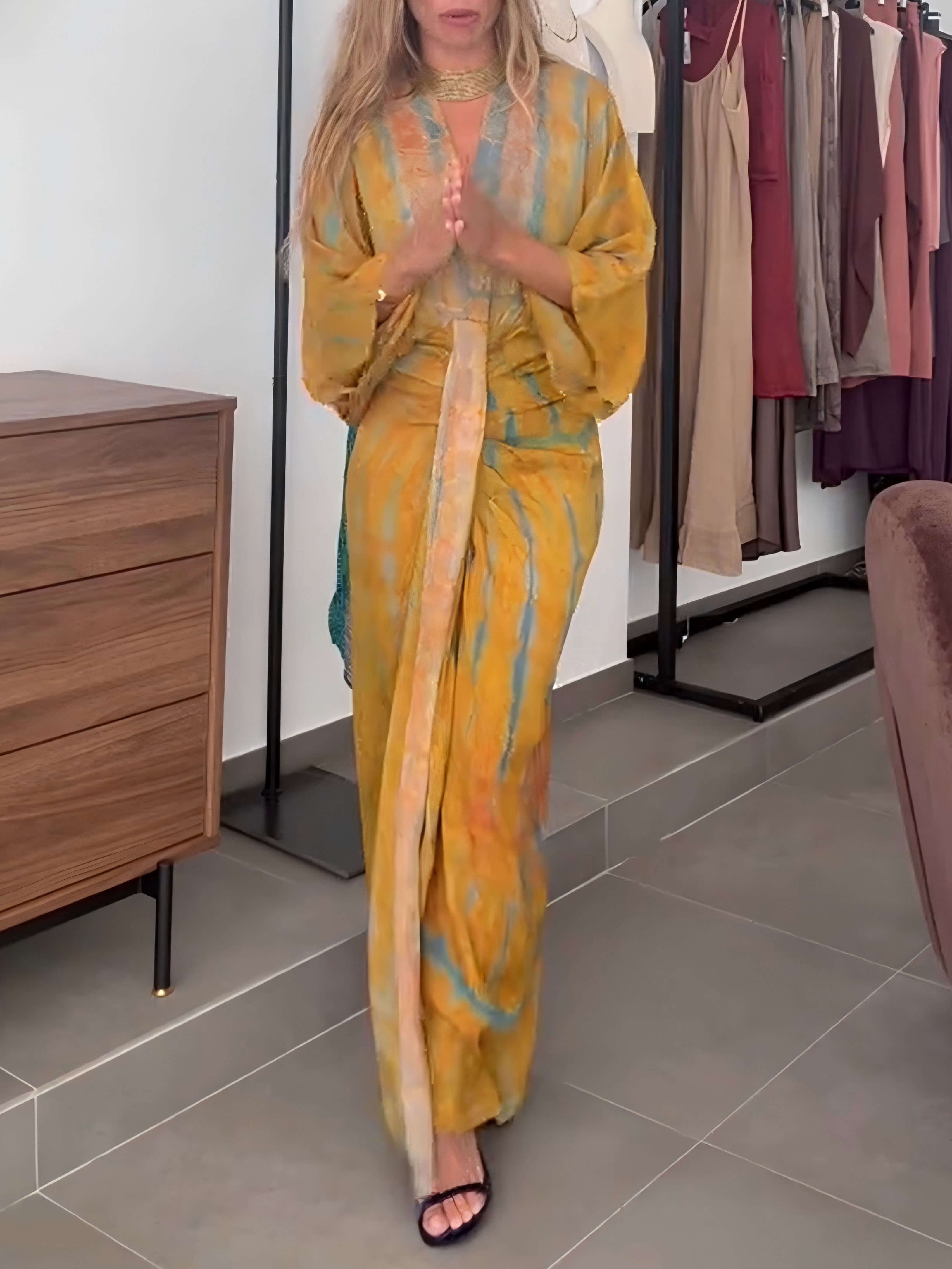 Robe Longue Femme Style Kimono Bohème Portefeuille Tie-Dye Ceinturée Fluide Vacances Garden Summer Casual Chic – Kimonara