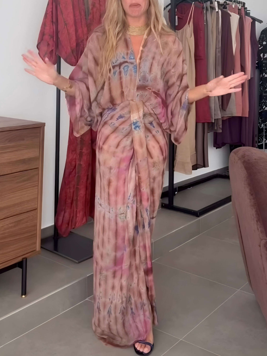 Robe Longue Femme Style Kimono Bohème Portefeuille Tie-Dye Ceinturée Fluide Vacances Garden Summer Casual Chic – Kimonara