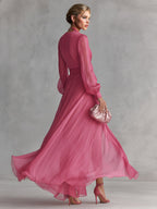 Maxikleid Damen Chiffon V-Ausschnitt Tailliert mit Perlenverzierung Rosa Fuchsia Formell Hochzeit Sommer Gala Cocktail Zeremonie – Perliane