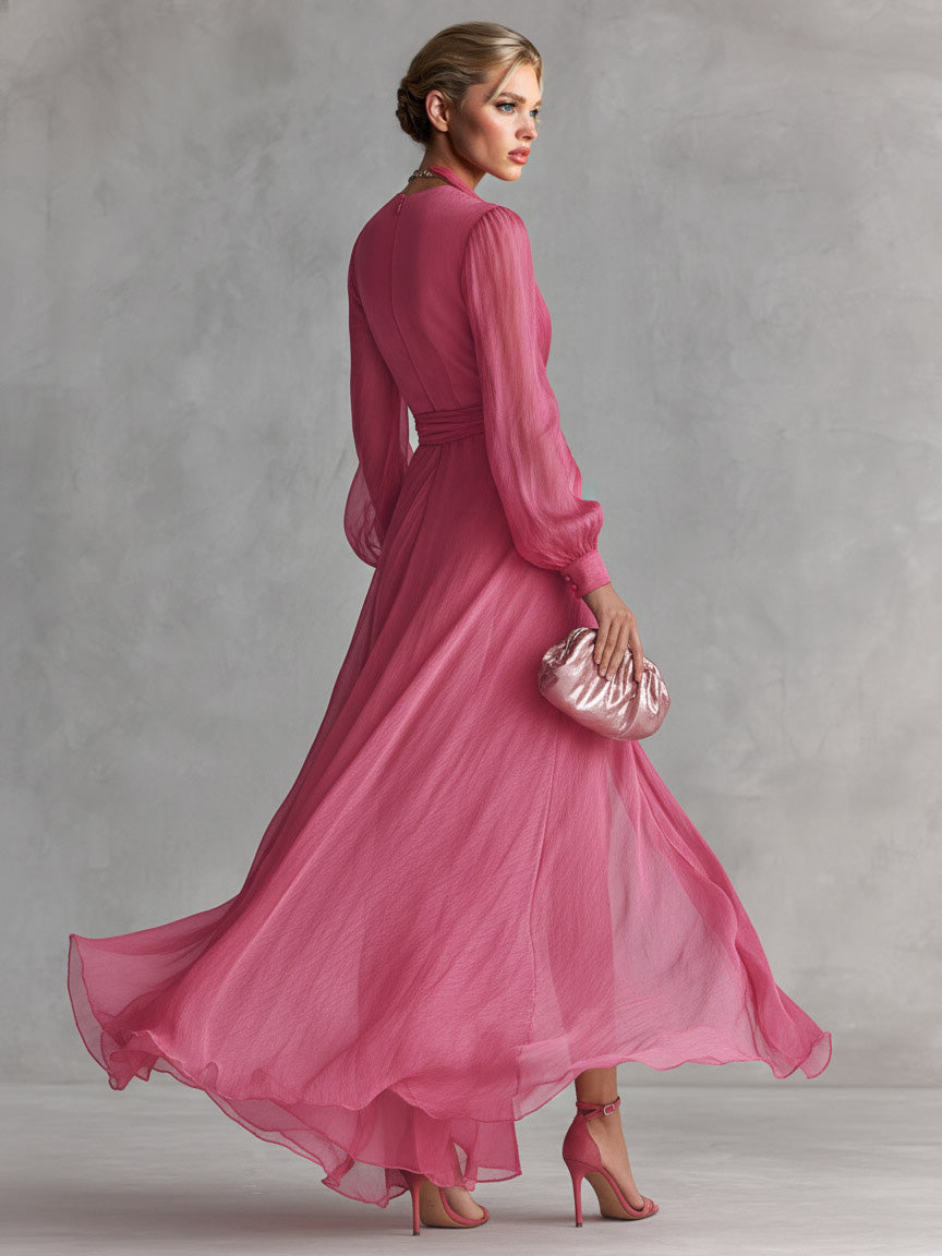 Vestido Maxi Mujer Chifón Cuello en V Cintura Atada Perlas Decorativas Rosa Fucsia Formal Boda Verano Gala Cóctel Ceremonia – Perliane
