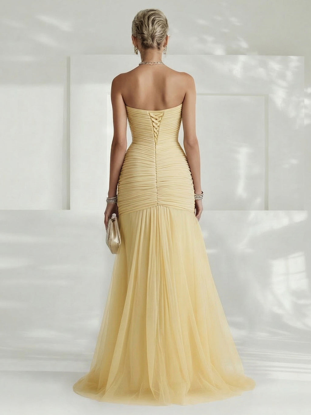 Robe Longue Femme Sans Bretelles Tulle Plissé Fente Latérale Ajustée Mariage Soirée Formelle Gala Bal Cocktail Cérémonie – Tulliane