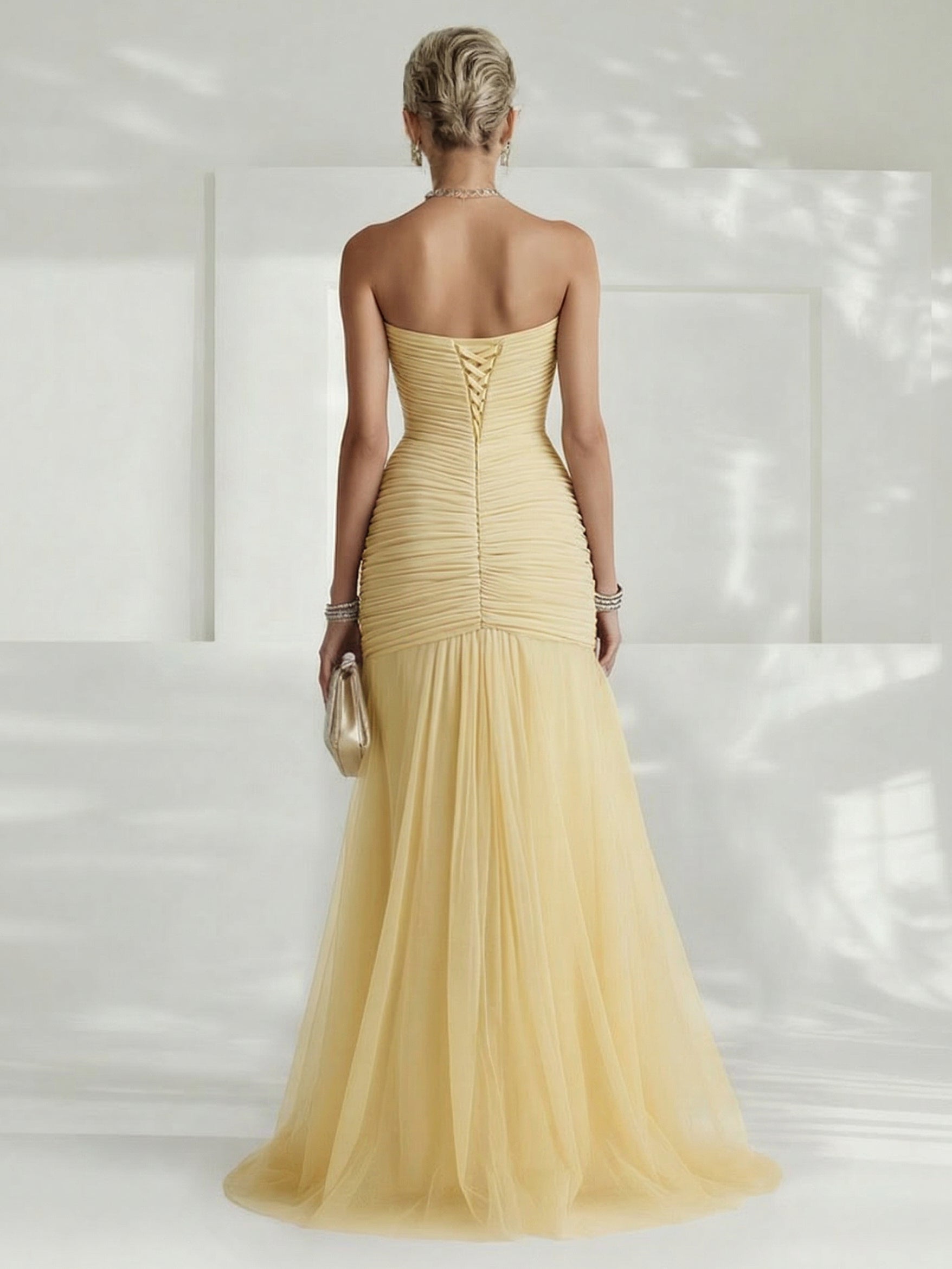 Robe Longue Femme Sans Bretelles Tulle Plissé Fente Latérale Ajustée Mariage Soirée Formelle Gala Bal Cocktail Cérémonie – Tulliane