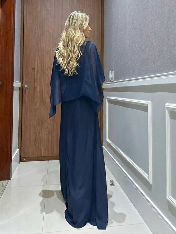 Completo Due Pezzi Donna Top in Chiffon Mantella Trasparente Pantaloni Fluidi Vita Alta Serata Matrimonio Gala Cocktail Elegante – Capeline