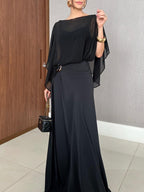Completo Due Pezzi Donna Top in Chiffon Mantella Trasparente Pantaloni Fluidi Vita Alta Serata Matrimonio Gala Cocktail Elegante – Capeline