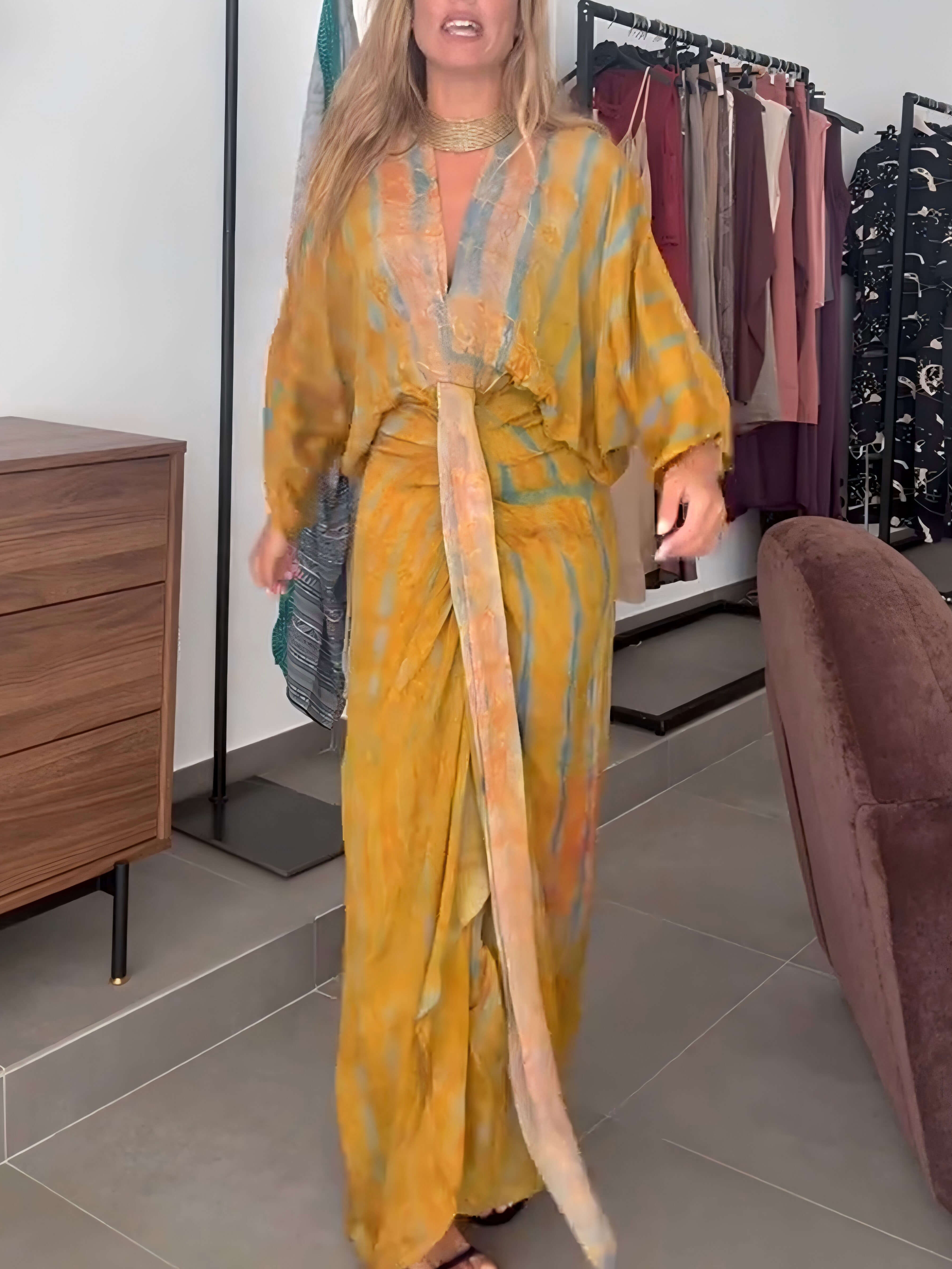 Robe Longue Femme Style Kimono Bohème Portefeuille Tie-Dye Ceinturée Fluide Vacances Garden Summer Casual Chic – Kimonara