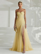 Robe Longue Femme Sans Bretelles Tulle Plissé Fente Latérale Ajustée Mariage Soirée Formelle Gala Bal Cocktail Cérémonie – Tulliane