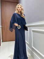 Completo Due Pezzi Donna Top in Chiffon Mantella Trasparente Pantaloni Fluidi Vita Alta Serata Matrimonio Gala Cocktail Elegante – Capeline