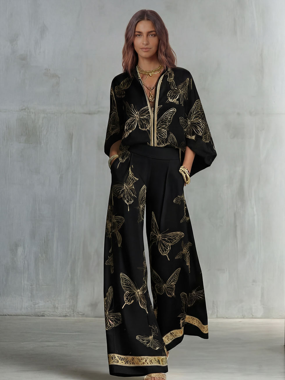 Pantaloni Donna Gamba Larga Fluidi Stampa Farfalle Eleganti Casual Chic Vacanze Lavoro Serata Informale – Papillona