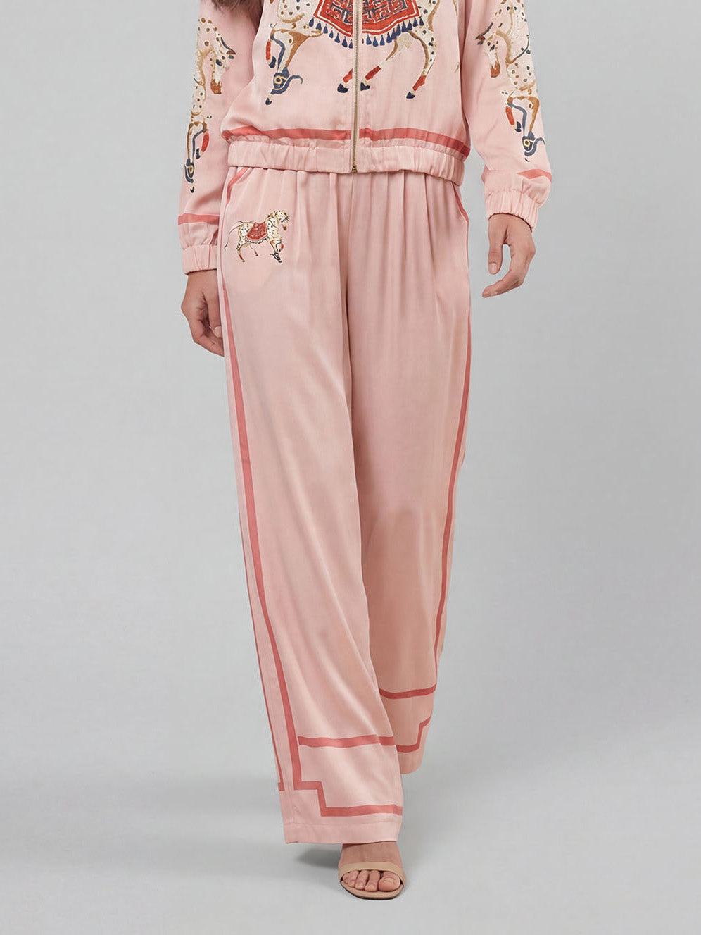 Ensemble Deux Pièces Femme Satin Veste Zippée Pantalon Large Imprimé Équestre Cheval Casual Chic Soirée Élégant Vacances – Équinova