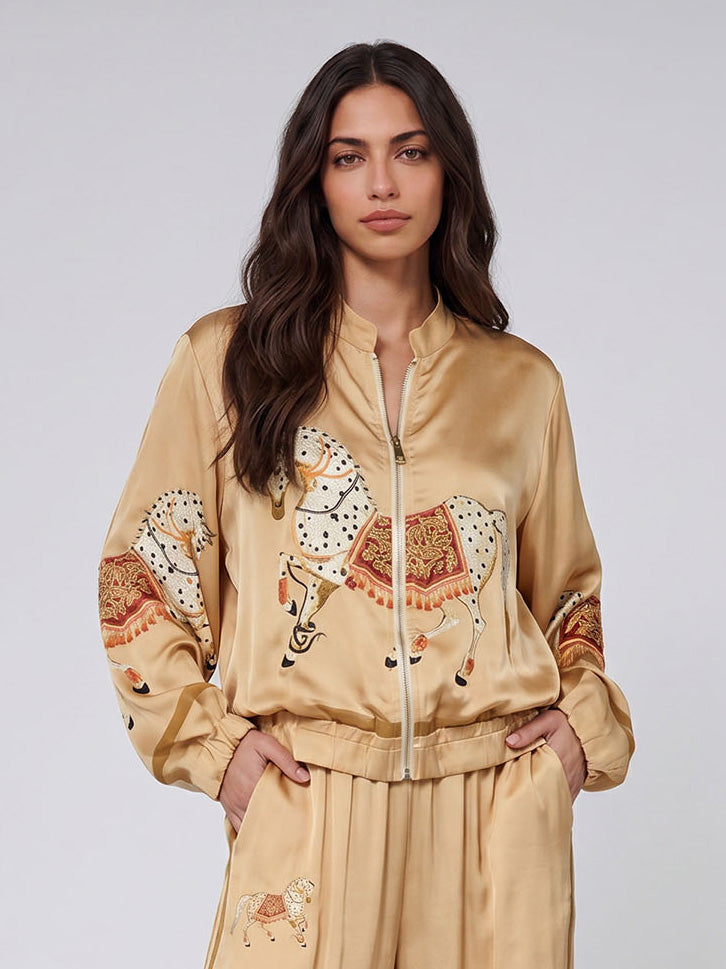 Ensemble Deux Pièces Femme Satin Veste Zippée Pantalon Large Imprimé Équestre Cheval Casual Chic Soirée Élégant Vacances – Équinova