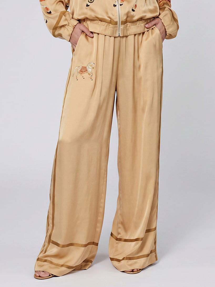 Ensemble Deux Pièces Femme Satin Veste Zippée Pantalon Large Imprimé Équestre Cheval Casual Chic Soirée Élégant Vacances – Équinova
