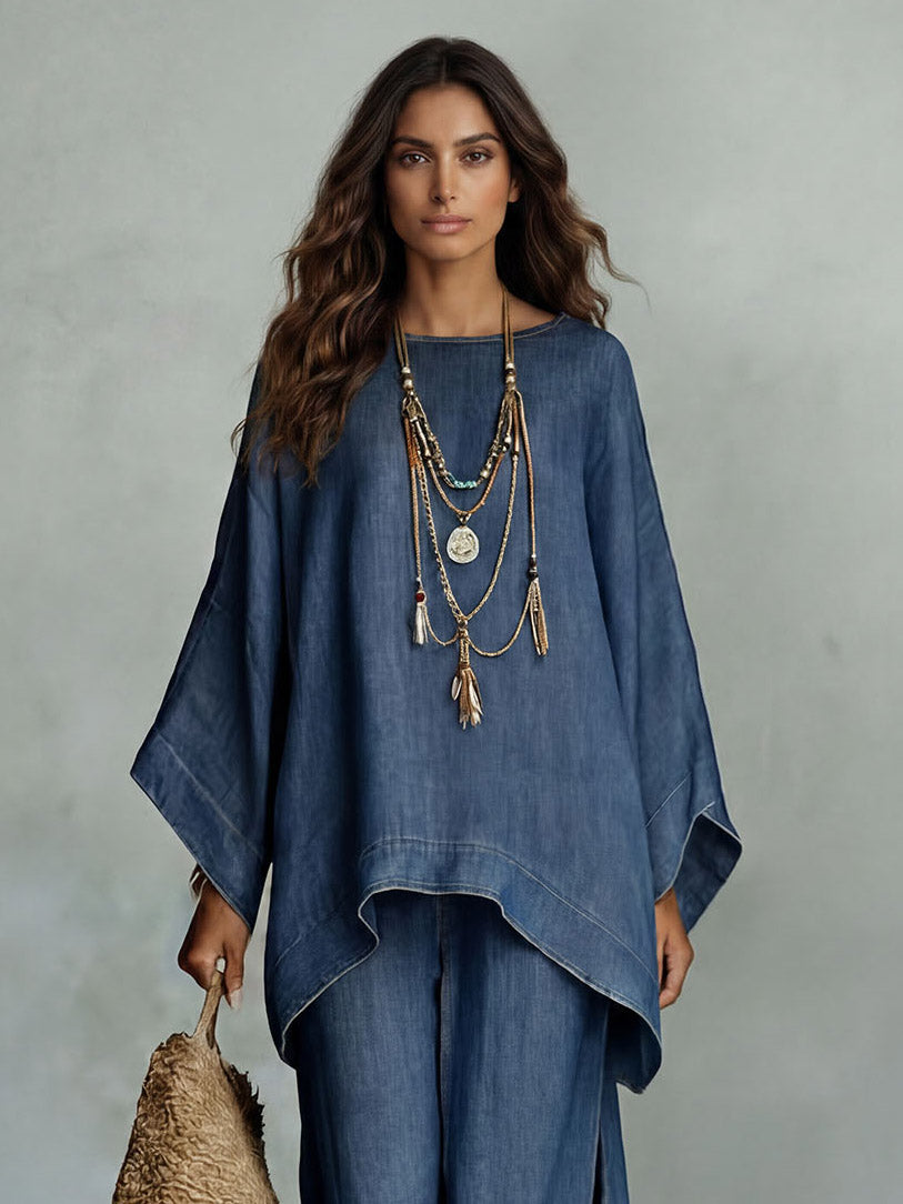 Dames tweedelig set van denim, top met vleermuismouwen, asymmetrisch, wijde vloeiende broek, casual chic, dagelijks, vakantie – Denimara