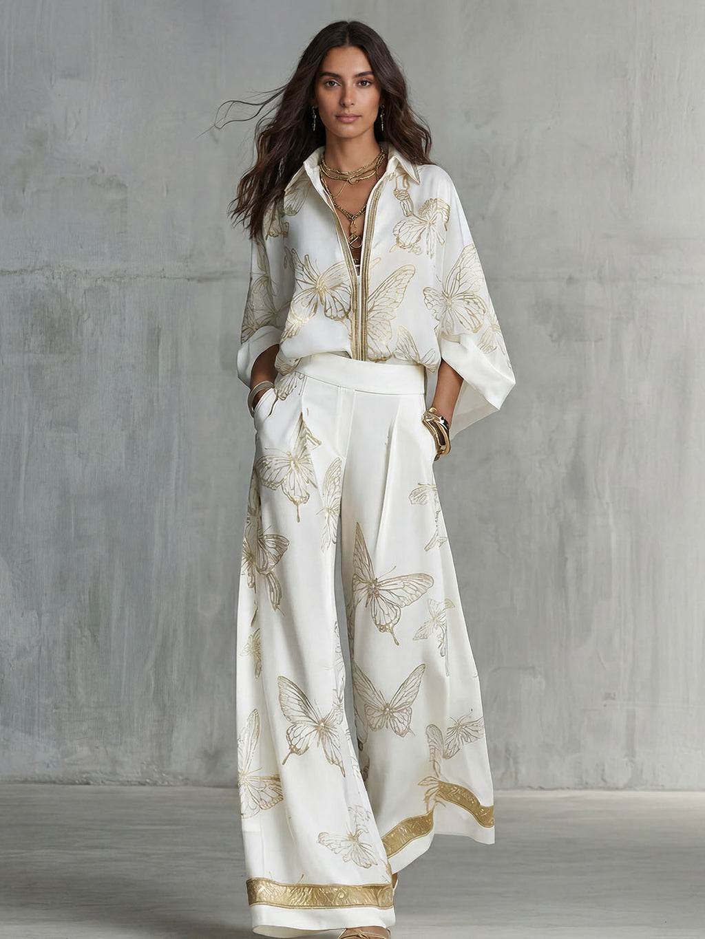 Pantaloni Donna Gamba Larga Fluidi Stampa Farfalle Eleganti Casual Chic Vacanze Lavoro Serata Informale – Papillona
