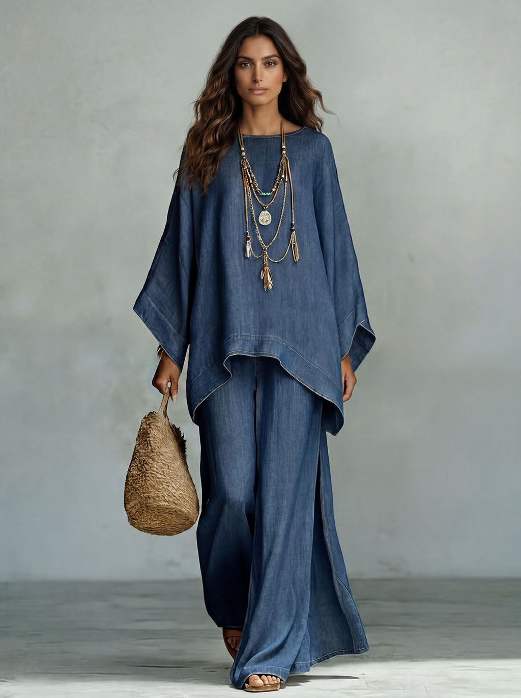 Dames tweedelig set van denim, top met vleermuismouwen, asymmetrisch, wijde vloeiende broek, casual chic, dagelijks, vakantie – Denimara