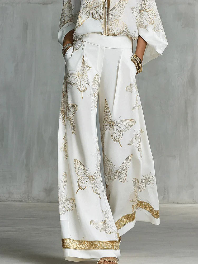 Pantalón mujer piernas anchas fluido estampado mariposas elegante casual chic vacaciones trabajo noche informal – Papillona