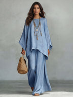 Dames tweedelig set van denim, top met vleermuismouwen, asymmetrisch, wijde vloeiende broek, casual chic, dagelijks, vakantie – Denimara