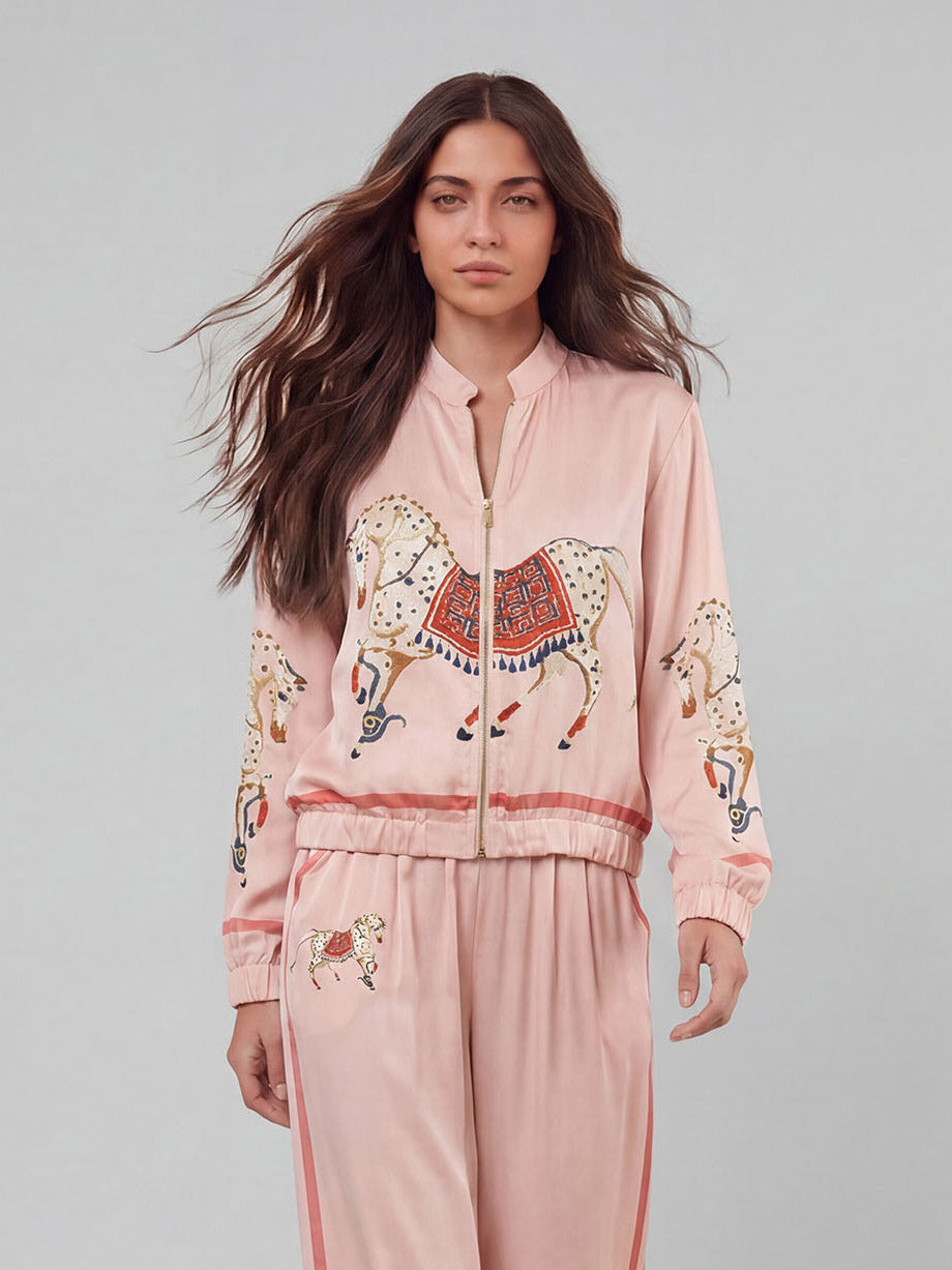Ensemble Deux Pièces Femme Satin Veste Zippée Pantalon Large Imprimé Équestre Cheval Casual Chic Soirée Élégant Vacances – Équinova