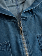 Damen Retro-Jeans-Latzhose mit Kapuze, Reißverschluss und Vintage-Taschen – Blau