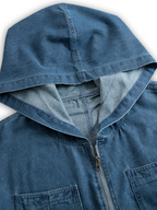 Damen Retro-Jeans-Latzhose mit Kapuze, Reißverschluss und Vintage-Taschen – Blau