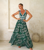 Ensemble Maillot de Bain Une Pièce Col V Lacets Imprimé Floral Vert Jupe Longue Resort Plage Soirée Lune de Miel Vacances – Émeraude