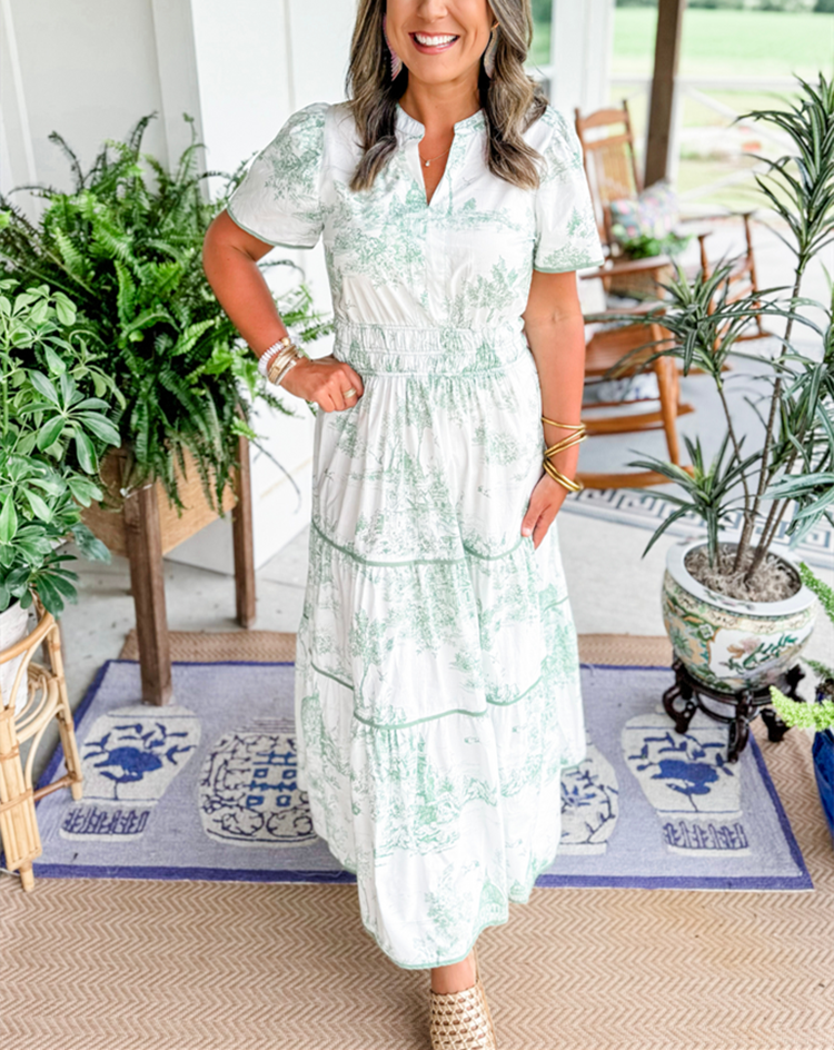 Robe Midi Toile Femme Taille Smockée Jupe Étagée Florale Printemps Jardin Fleurs Décontractée Été Élégante – Camille