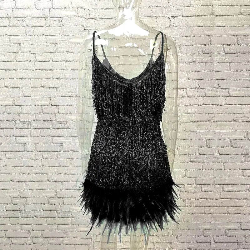 Robe Mini Élégante en Sequins avec Plumes Roses à Bretelles Spaghetti pour Soirée Cocktail