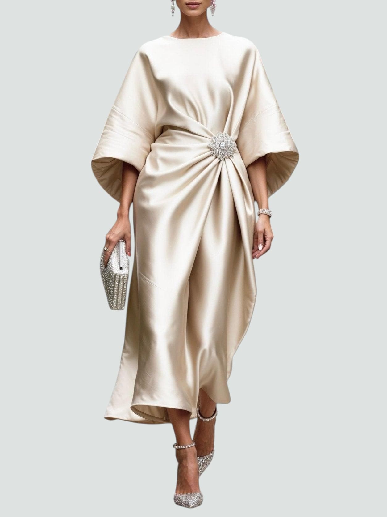 Robe Midi Élegante en Satin pour Femmes, Style Wrap, Manches Longues, Formelle, Invité de Mariage – Coralyeth