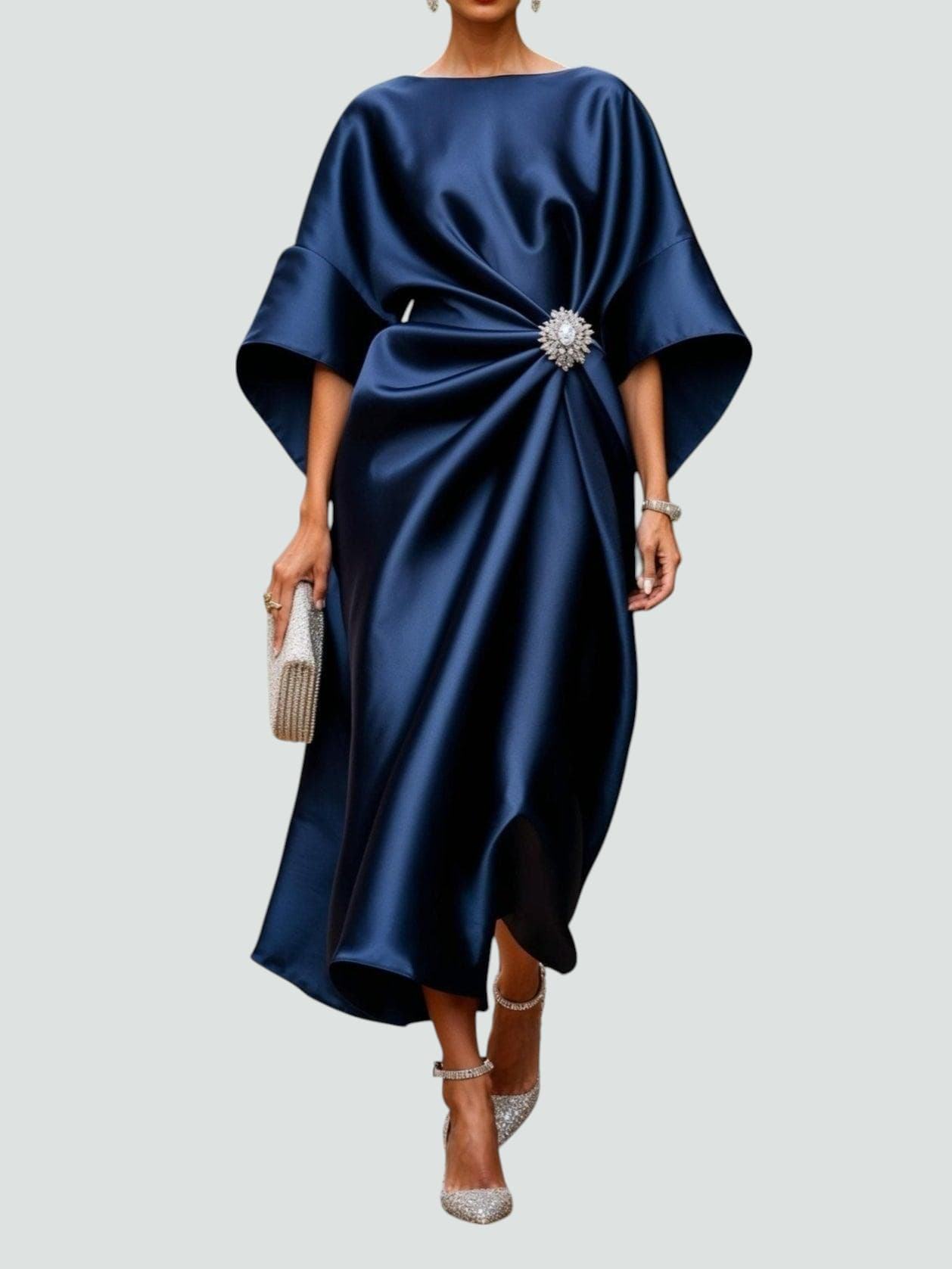 Robe Midi Élegante en Satin pour Femmes, Style Wrap, Manches Longues, Formelle, Invité de Mariage – Coralyeth