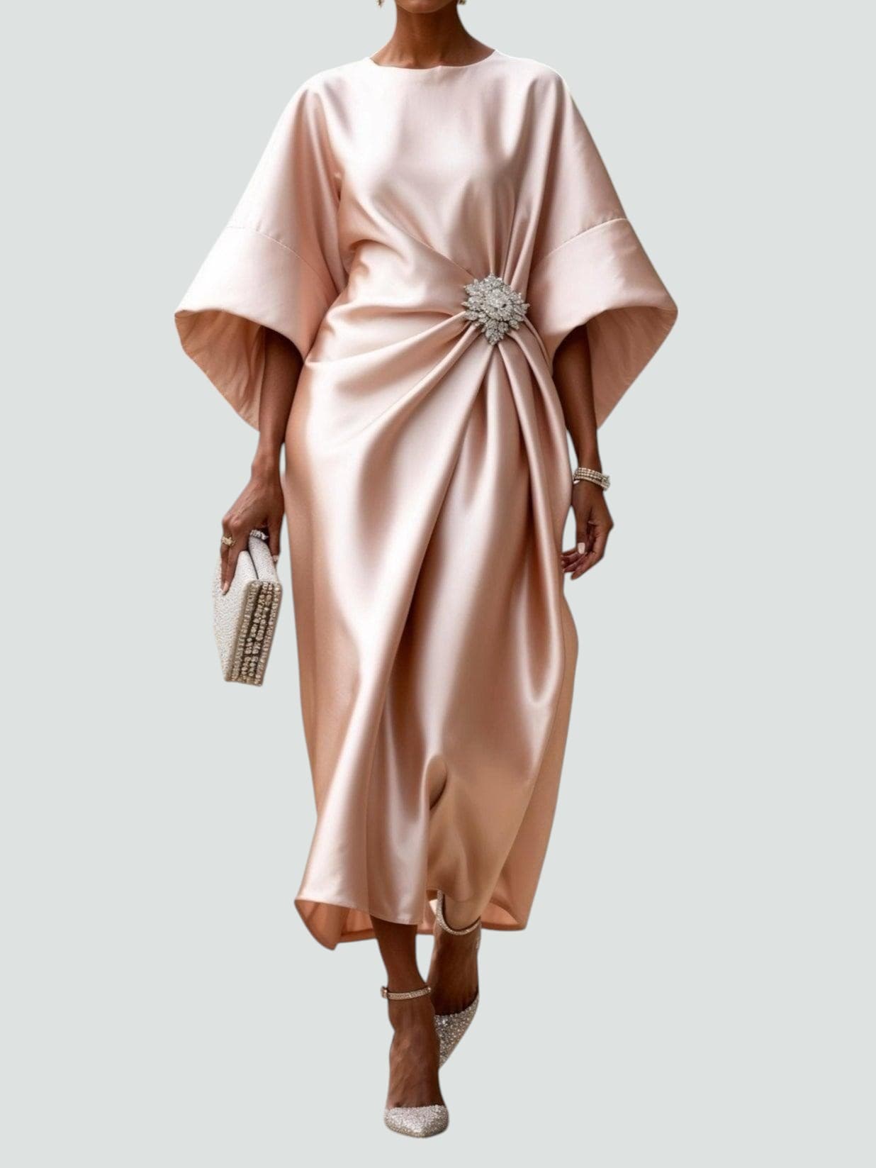 Robe Midi Élegante en Satin pour Femmes, Style Wrap, Manches Longues, Formelle, Invité de Mariage – Coralyeth