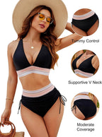 Bikini Deux Pièces Femme Taille Haute Gainante Colorblock Froncé Bretelles Réglables Coques Plage Piscine Vacances Été – Colorina
