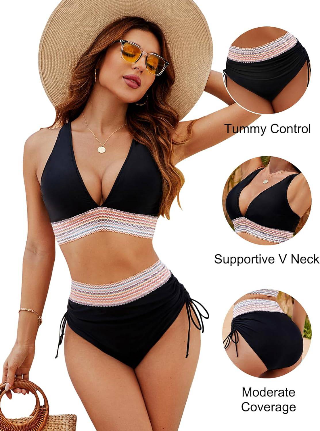 Bikini Deux Pièces Femme Taille Haute Gainante Colorblock Froncé Bretelles Réglables Coques Plage Piscine Vacances Été – Colorina