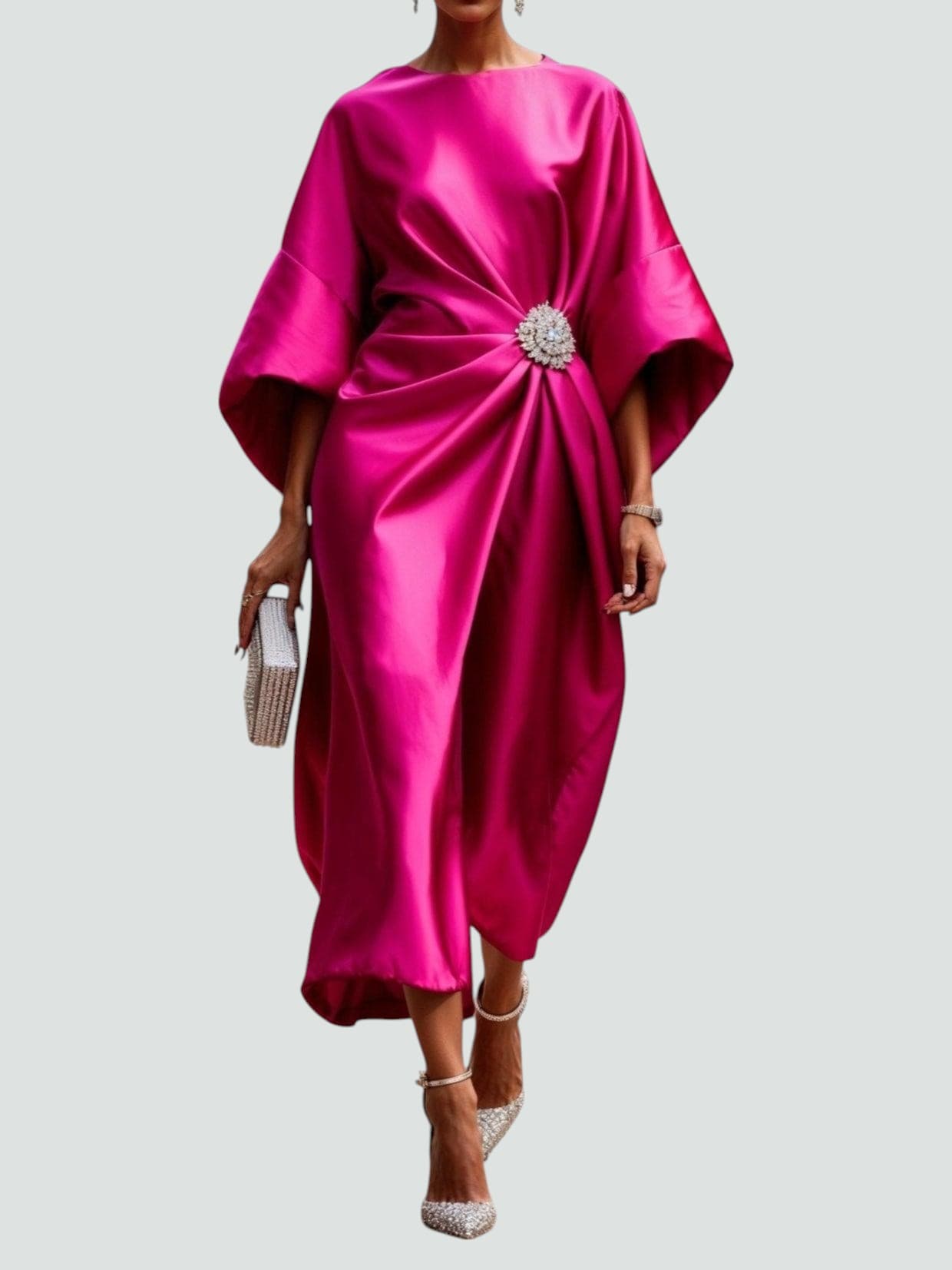 Robe Midi Élegante en Satin pour Femmes, Style Wrap, Manches Longues, Formelle, Invité de Mariage – Coralyeth