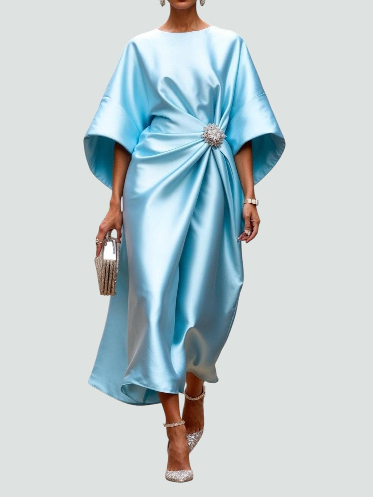 Robe Midi Élegante en Satin pour Femmes, Style Wrap, Manches Longues, Formelle, Invité de Mariage – Coralyeth