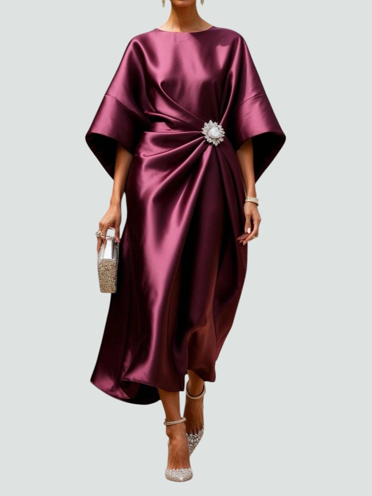 Robe Midi Élegante en Satin pour Femmes, Style Wrap, Manches Longues, Formelle, Invité de Mariage – Coralyeth