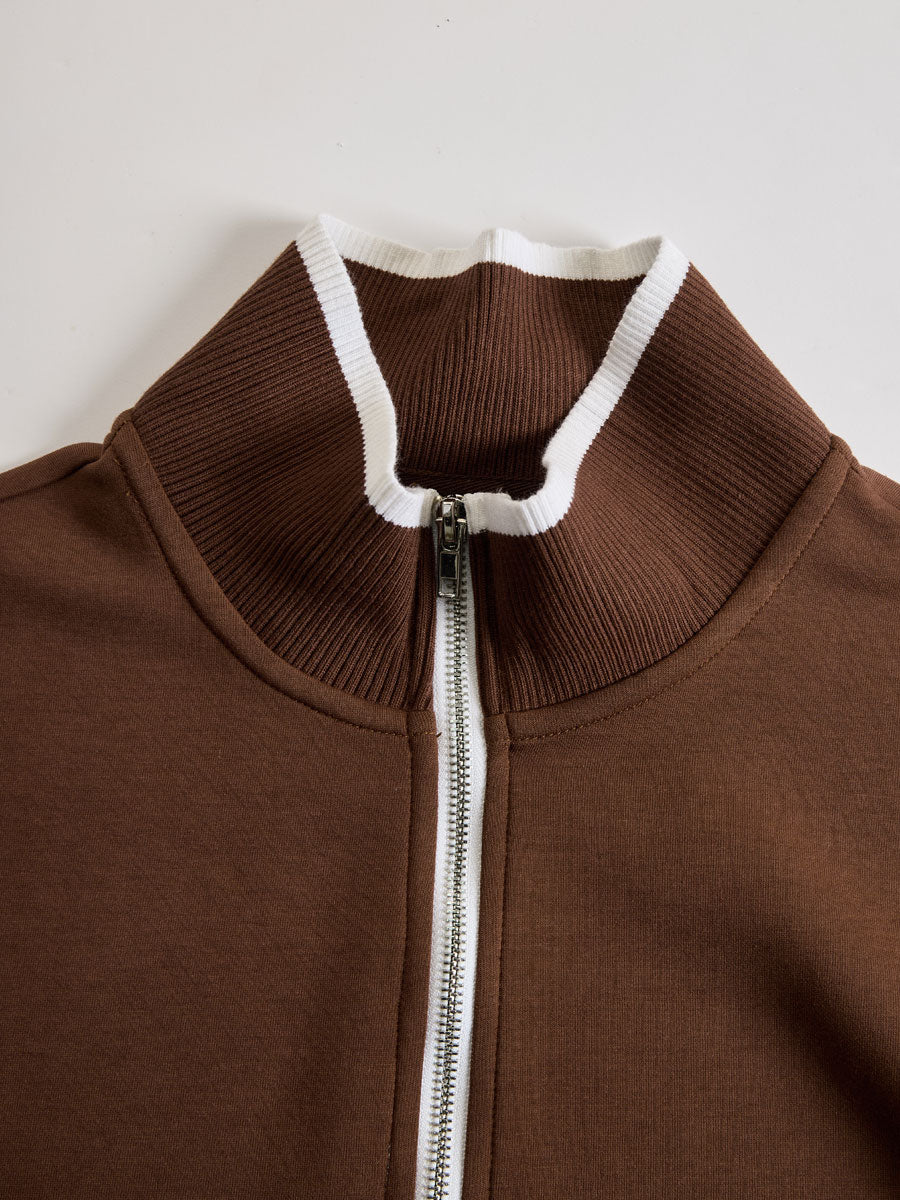 Retro sportieve dames set in twee delen, halve rits sweater, wijde broek met strepen – Grijs wit
