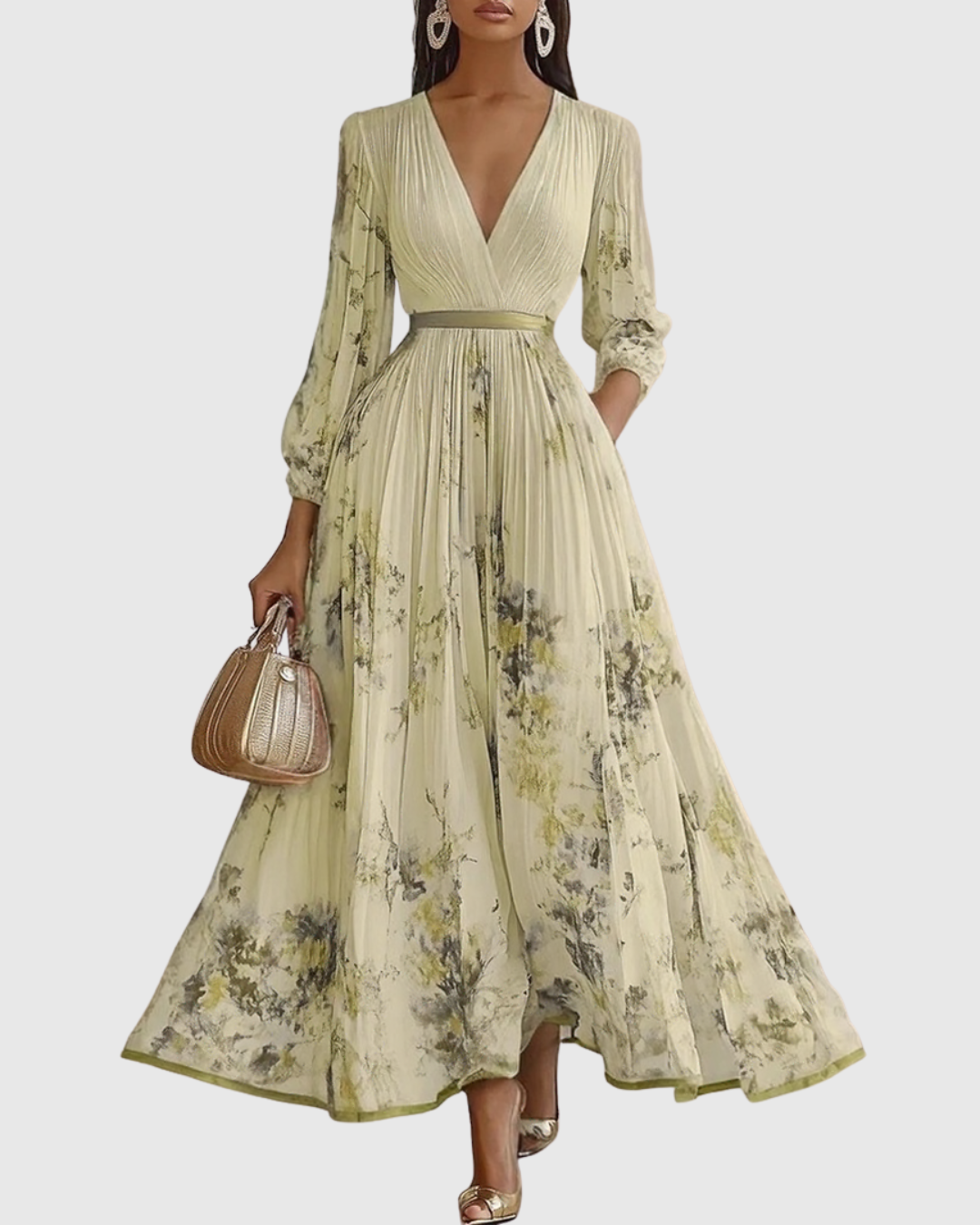 Robe Longue Plissée Florale Élégante pour Femme, Col V, Manches Longues, Taille Ruban, Formelle et Décontractée – Rowella
