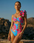 Ensemble Maillot de Bain Une Pièce Découpe Laser Floral Col V Bretelles Jupe Longue Bleu Tropical Resort Plage Vacances – Azuleiha