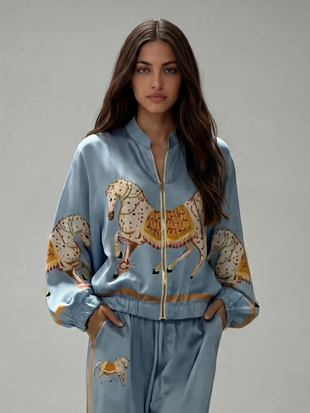 Ensemble Deux Pièces Femme Satin Veste Zippée Pantalon Large Imprimé Équestre Cheval Casual Chic Soirée Élégant Vacances – Équinova