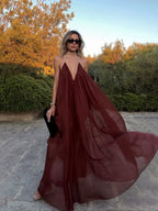 Vestido largo mujer gasa fluida cuello en V elegante etérea boda noche romántica fiesta en jardín gala ceremonia – Chiffonelle