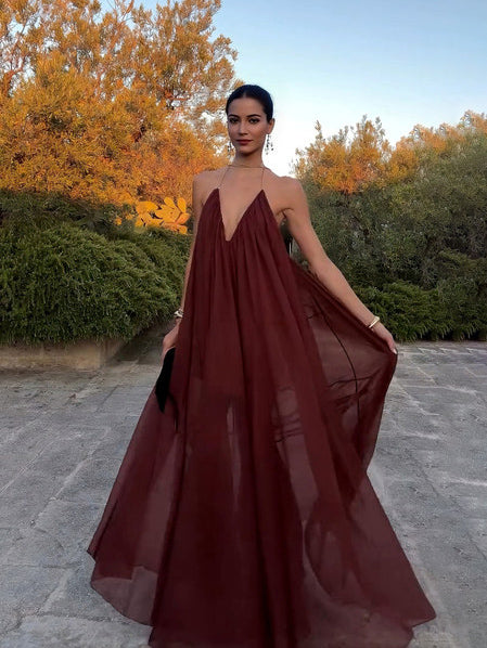 Vestido largo mujer gasa fluida cuello en V elegante etérea boda noche romántica fiesta en jardín gala ceremonia – Chiffonelle
