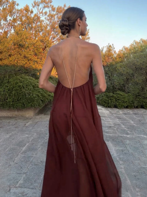 Vestido largo mujer gasa fluida cuello en V elegante etérea boda noche romántica fiesta en jardín gala ceremonia – Chiffonelle